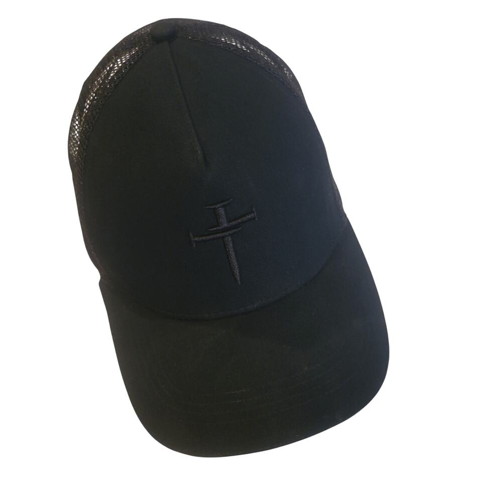 Three Nails Black OS Trucker Hat Embroidered Cross Logo Mesh Snapback Crown